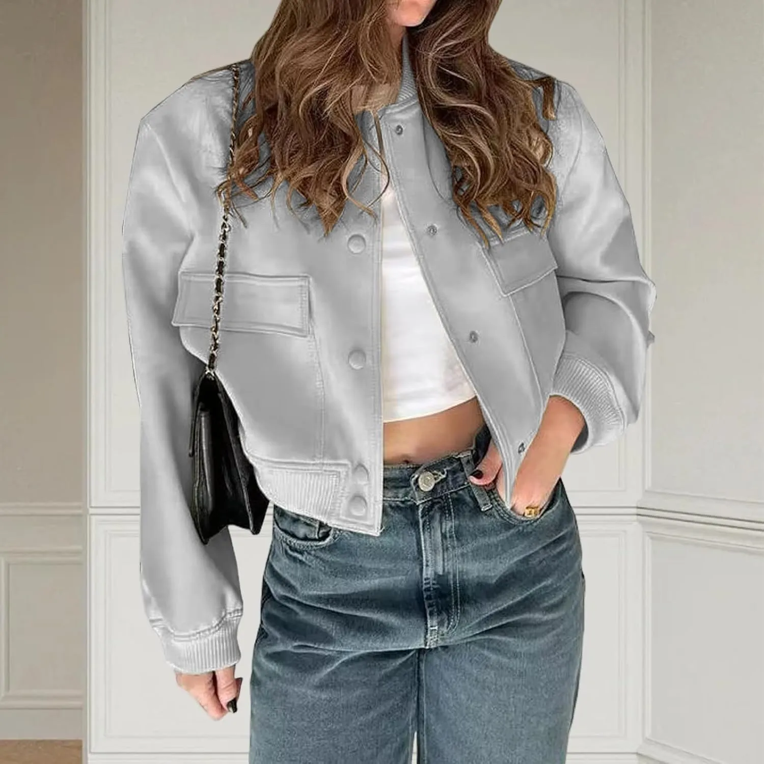 ZWRXW Womens Cropped Bomber Jacket Casual Long Sleeve Button Down Outwear Solid Baseball Varsity Jackets with Pockets