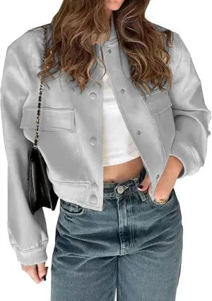 ZWRXW Womens Cropped Bomber Jacket Casual Long Sleeve Button Down Outwear Solid Baseball Varsity Jackets with Pockets